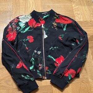 Express Women's Black and Red Floral Bomber Jacket